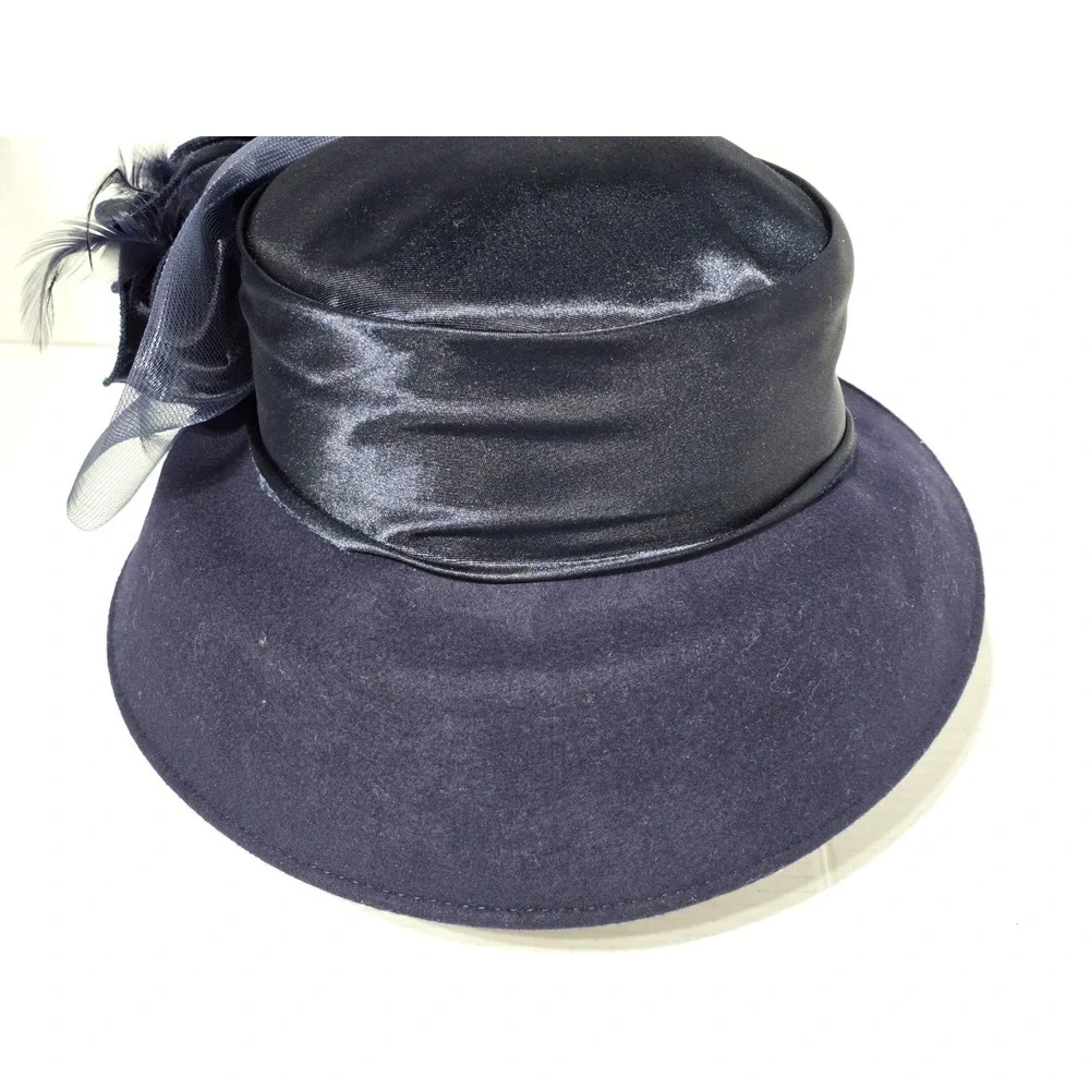 Navy Blue Wool Felt Church Hat Satin Crown Flower Feather Veil Pillbox Wide Brim